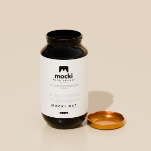 Open Amber Glass Jar Mockup with Lid Beside