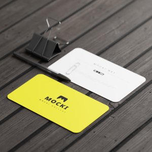 Rounded Business Cards on Wooden Table Mockup