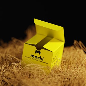 Half-Open Square Cardboard Box Mockup on Hay - Customizable Product Reveal