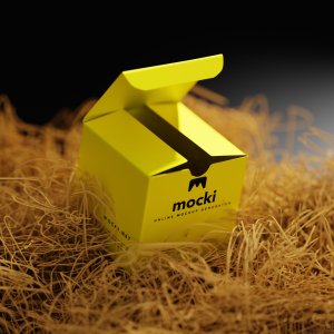 Open Square Cardboard Box Mockup on Hay - Customizable Unboxing Experience