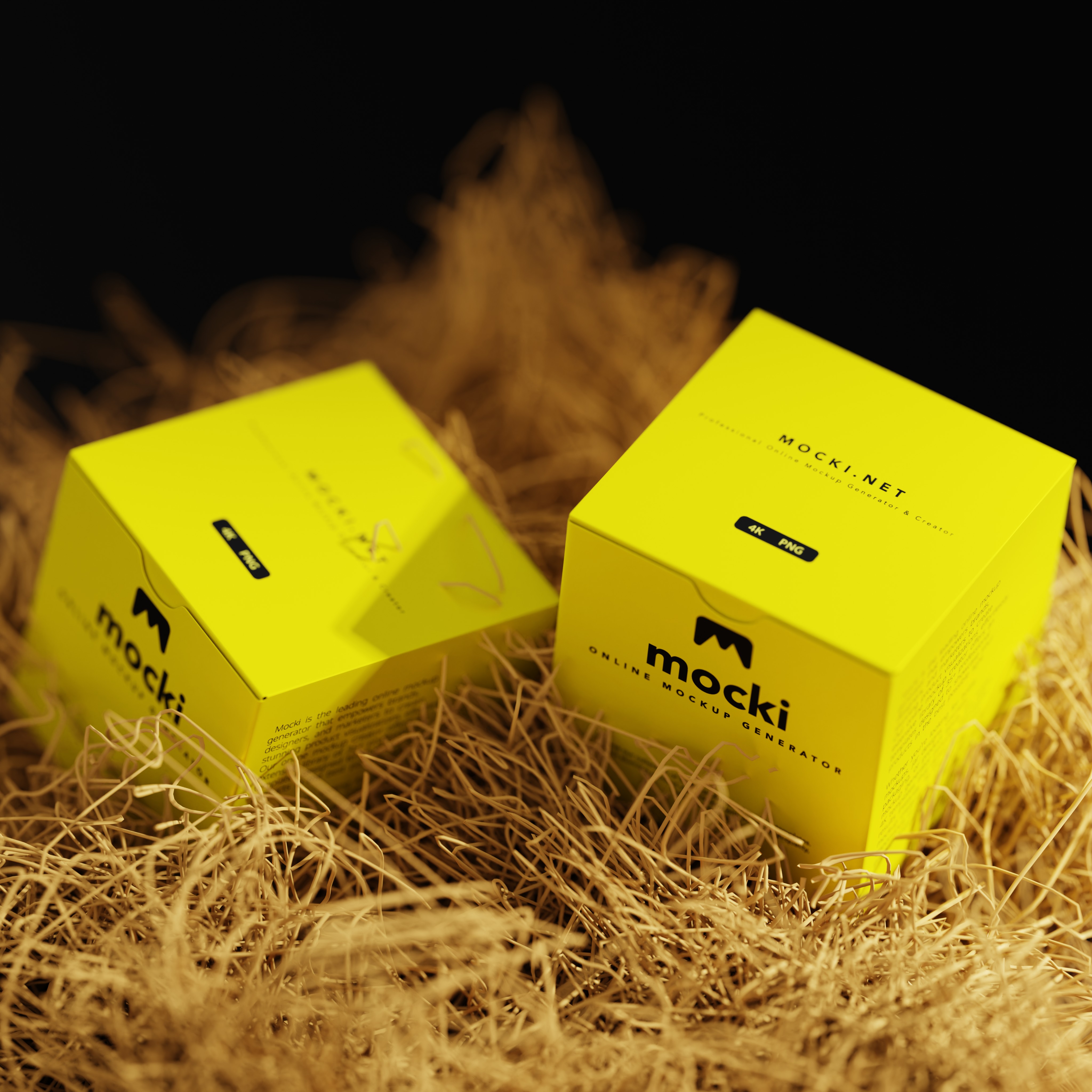 Dual Square Cardboard Boxes Mockup on Hay - Customizable Packaging Display