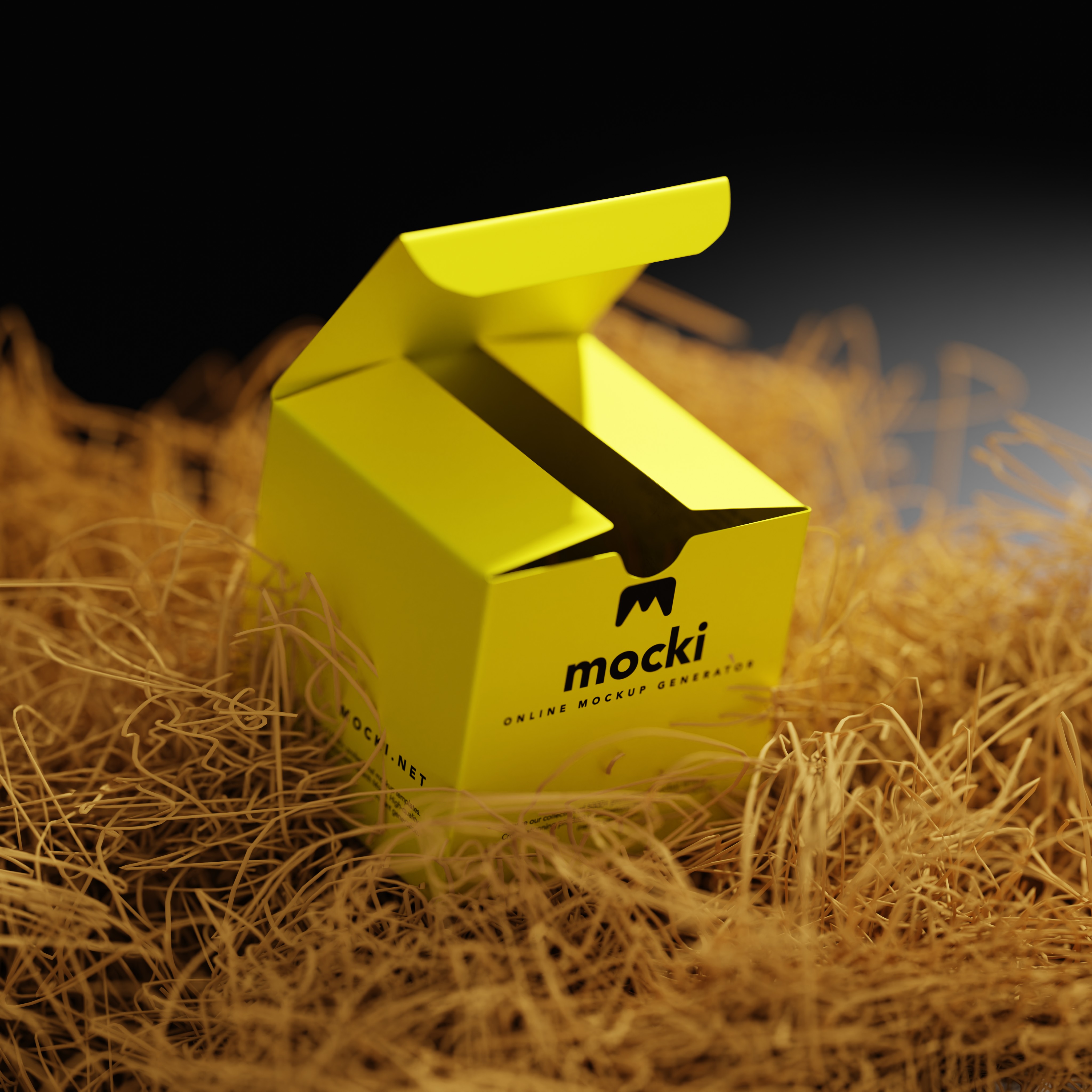 Open Square Cardboard Box Mockup on Hay - Customizable Unboxing Experience